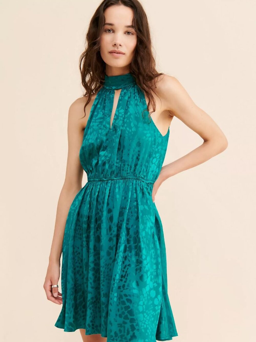 Anthropologie shimmering green Halter Neck Mini Dress with pockets, S